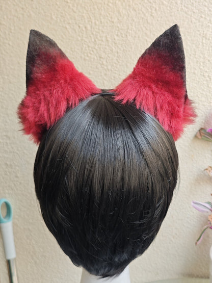 Handmade Dog Ears Headband - Red Black Gradient with Pink Fur Accent