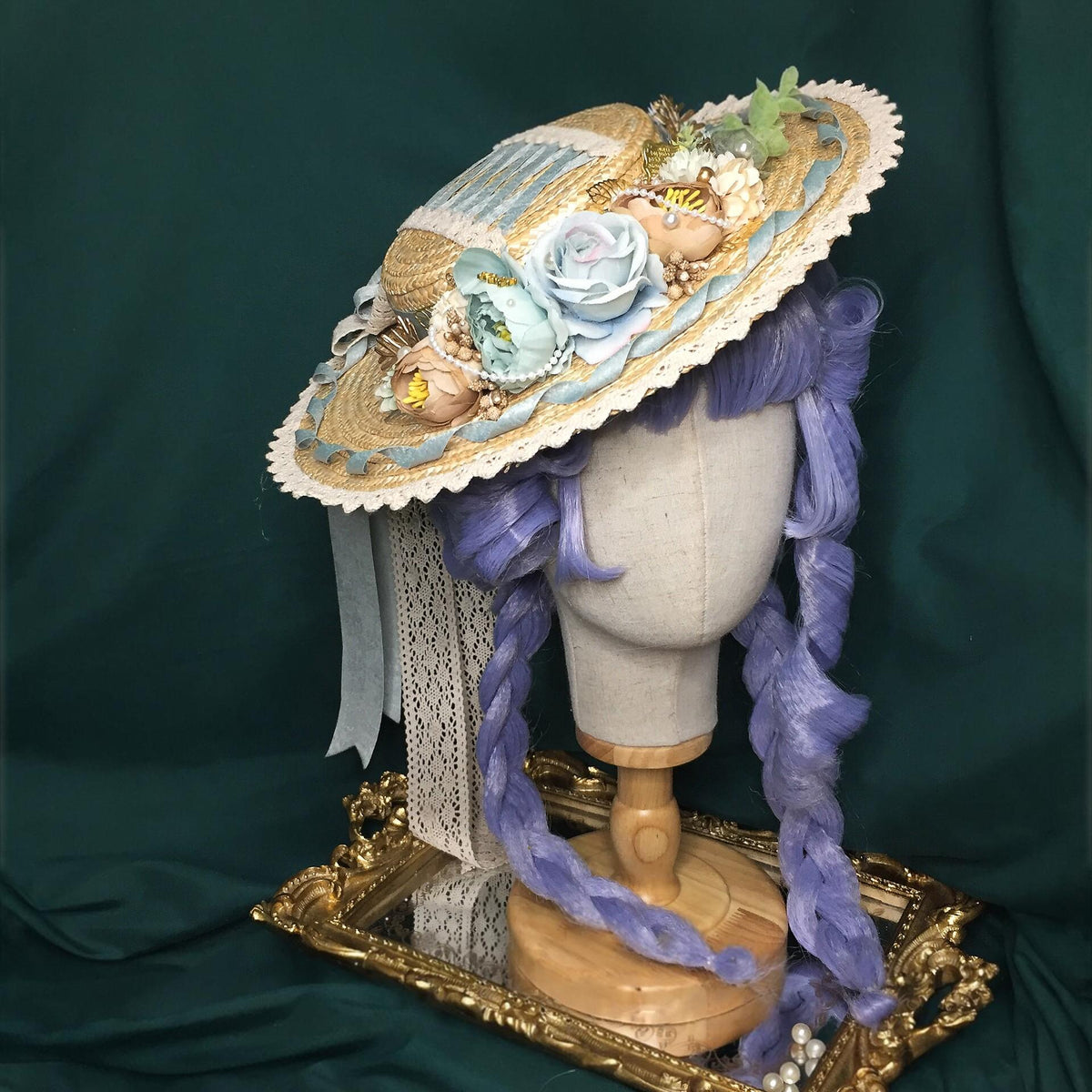 Lolita Straw Flat Hat with Blue Rose