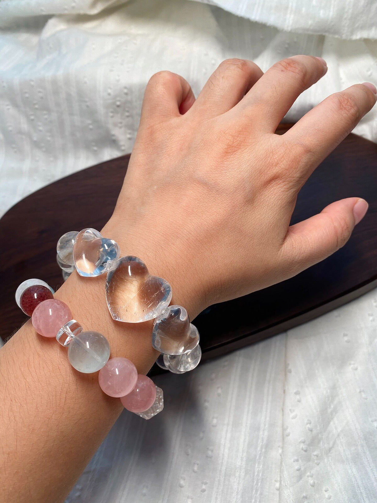 White Quartz Crystal Heart Bead Bracelet