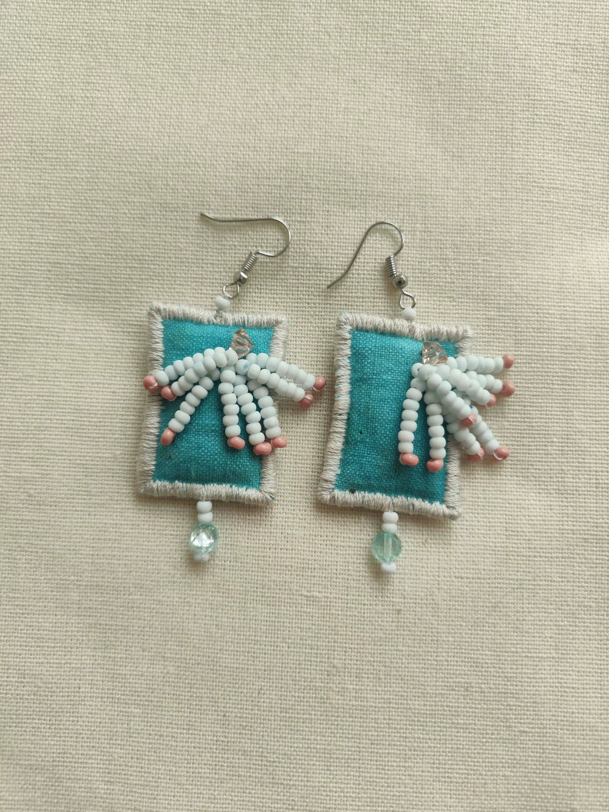 Teal Fabric Beaded Tassel Earrings