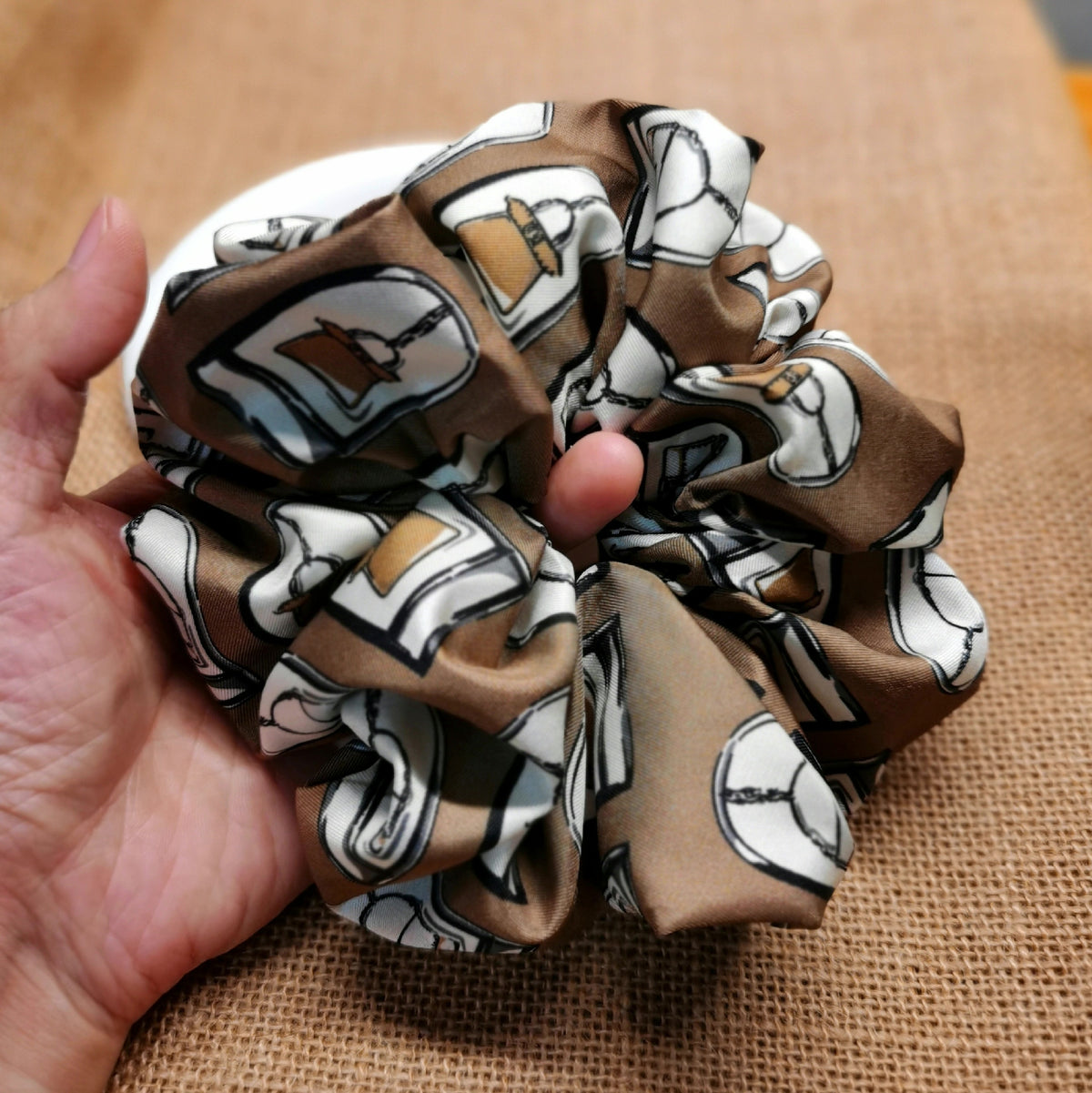 Pure Silk Wide Scrunchie with Handbag Print