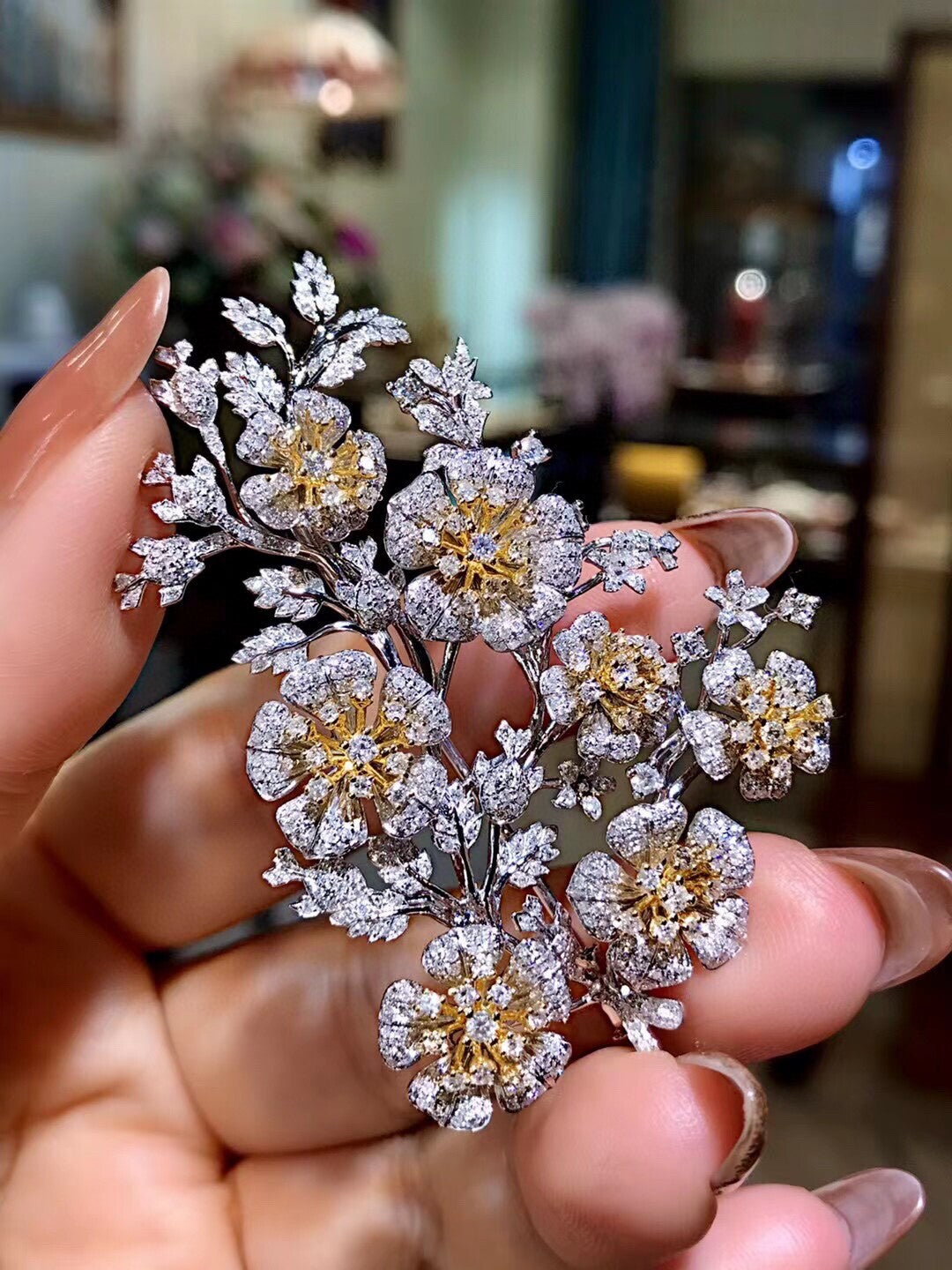 18K Two-Tone Gold Floral Brooch and Earrings Set with Pavé Clear Gemstones