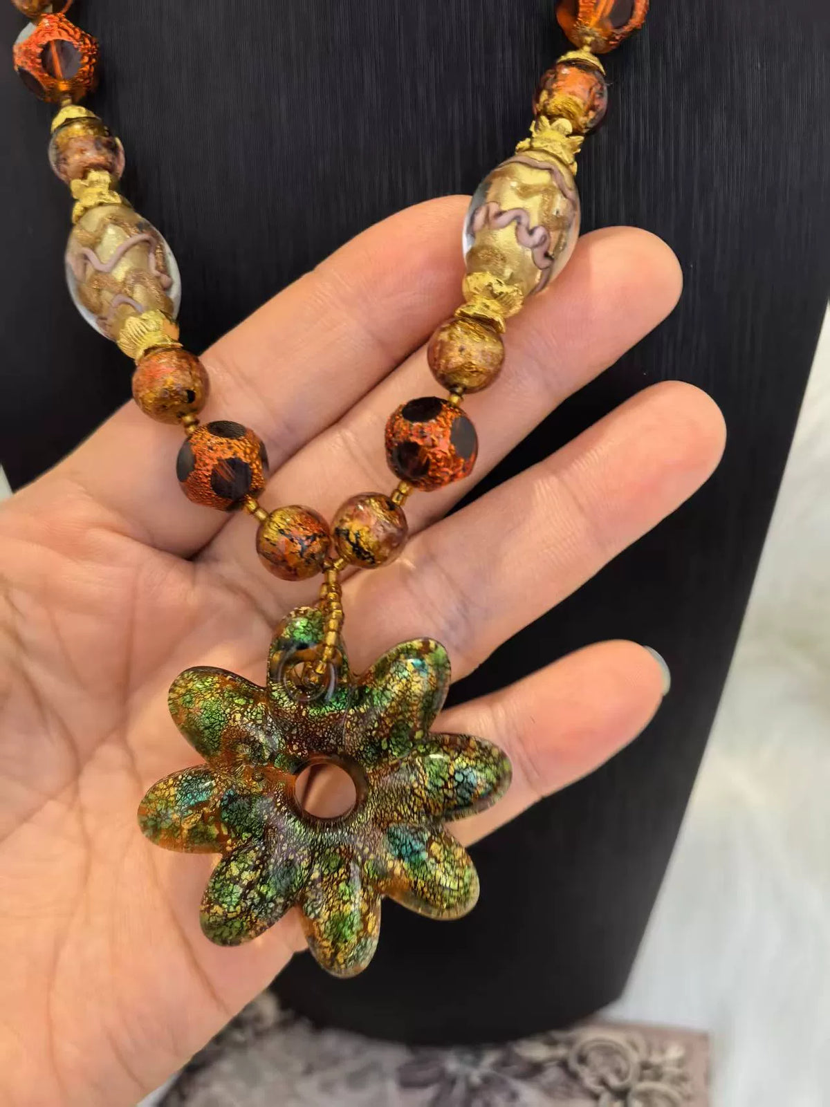Czech Glass Flower Pendant Necklace Emerald Green
