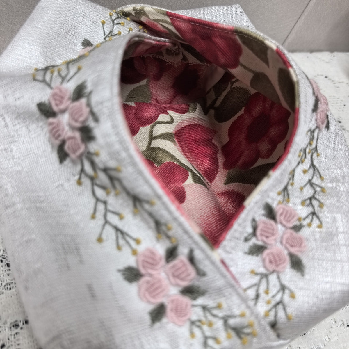 Handmade Embroidered Tissue Box Cover with Pink Roses