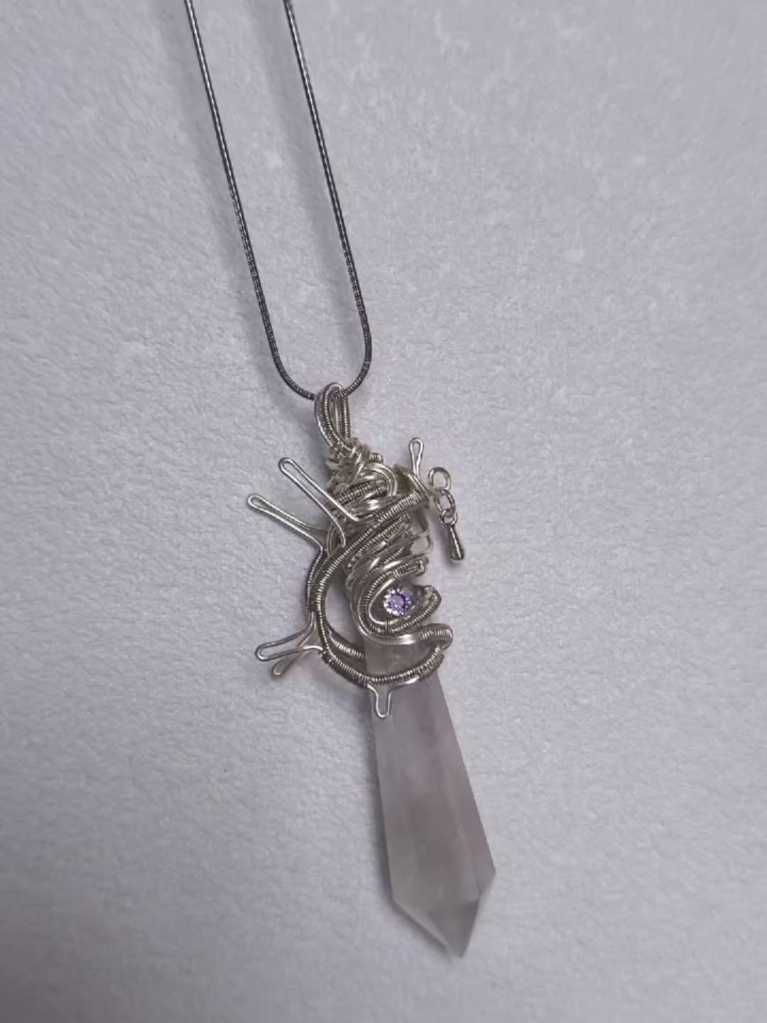 Natural White Quartz Crystal Wire Wrapped Necklace Pendulum