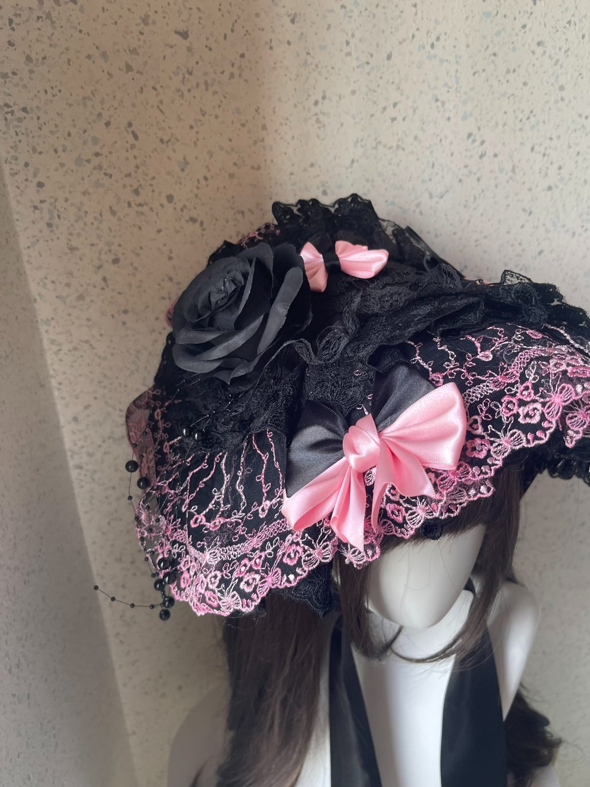 Lolita Bonnet with Black and Pink Lace