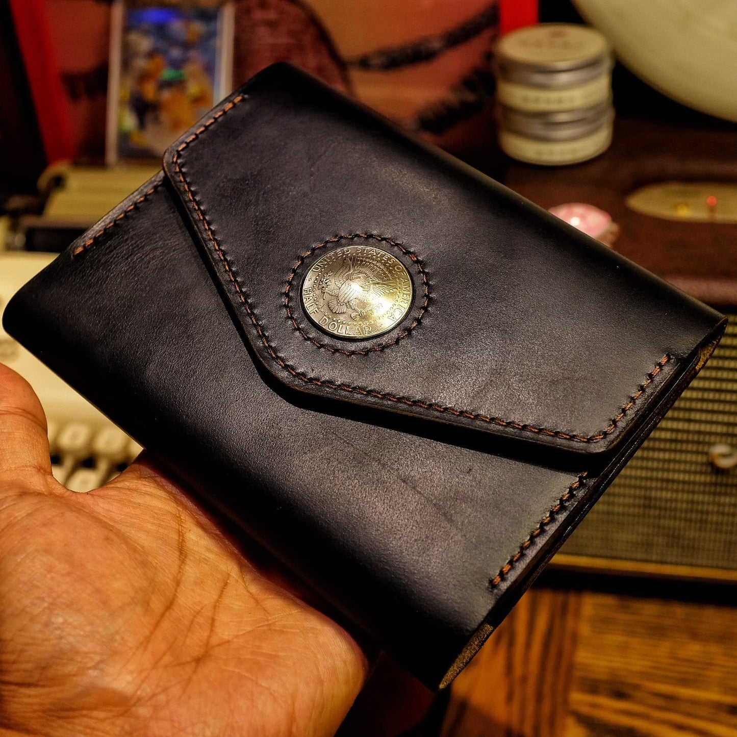 A6 Notebook Cover - Black Horween CXL Leather with Half Dollar Coin Closure