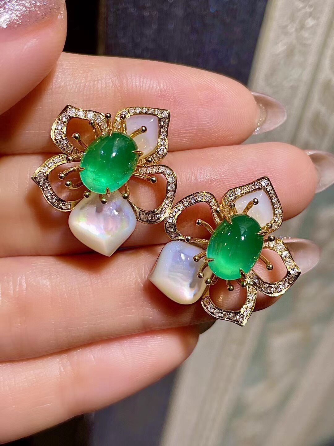 18K Gold Emerald and Diamond Floral Pearl Stud Earrings