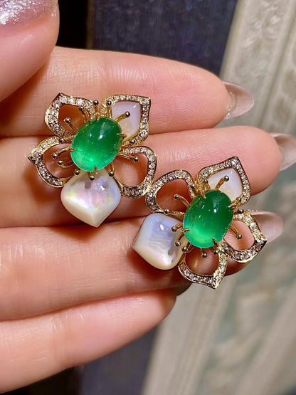 18K Gold Emerald and Diamond Floral Pearl Stud Earrings