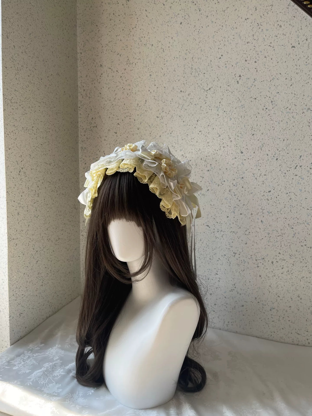 Diadema Lolita Artesanal Amarillo y Blanco con Encaje