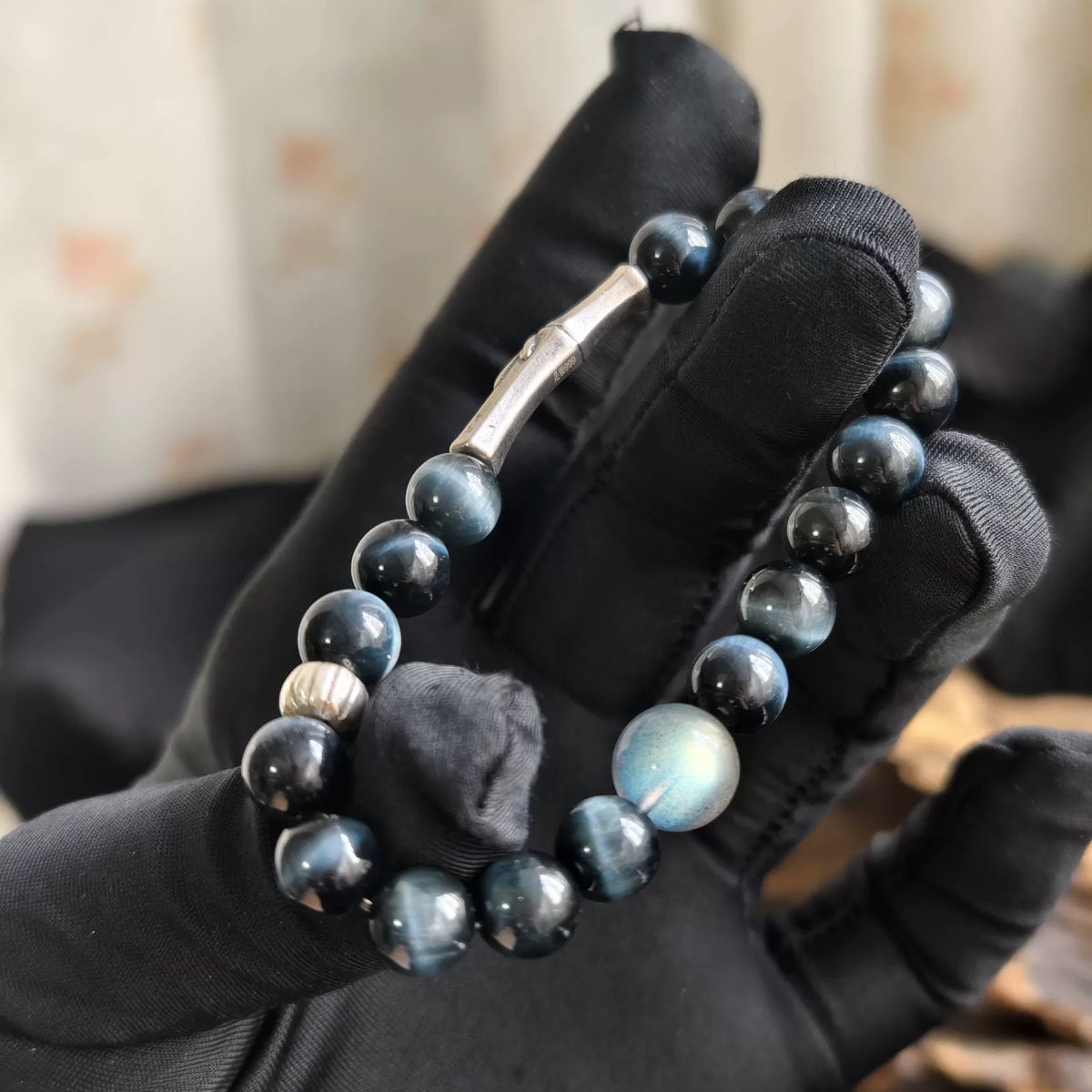 Blue Tiger Eye Gray Moonstone Silver Bracelet