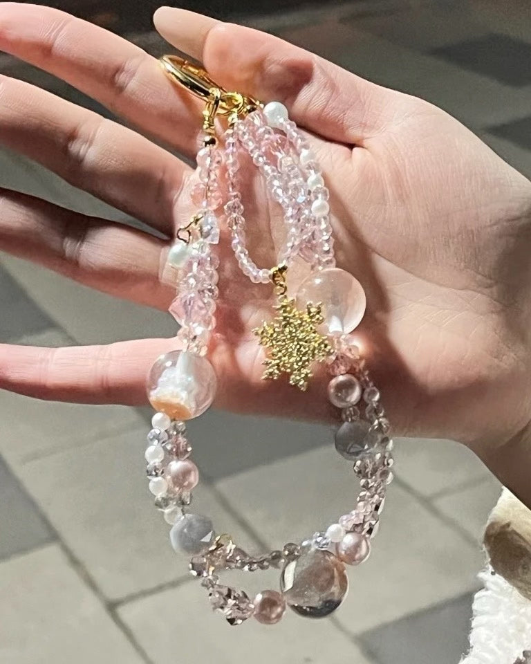 Beaded Phone Charm with Snowflake Motif