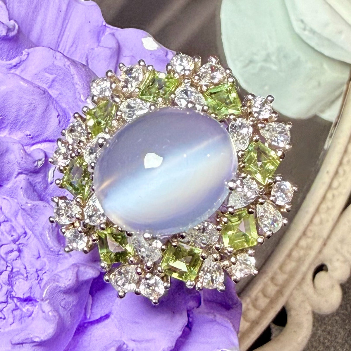 Moonstone Peridot Adjustable Sterling Silver Ring