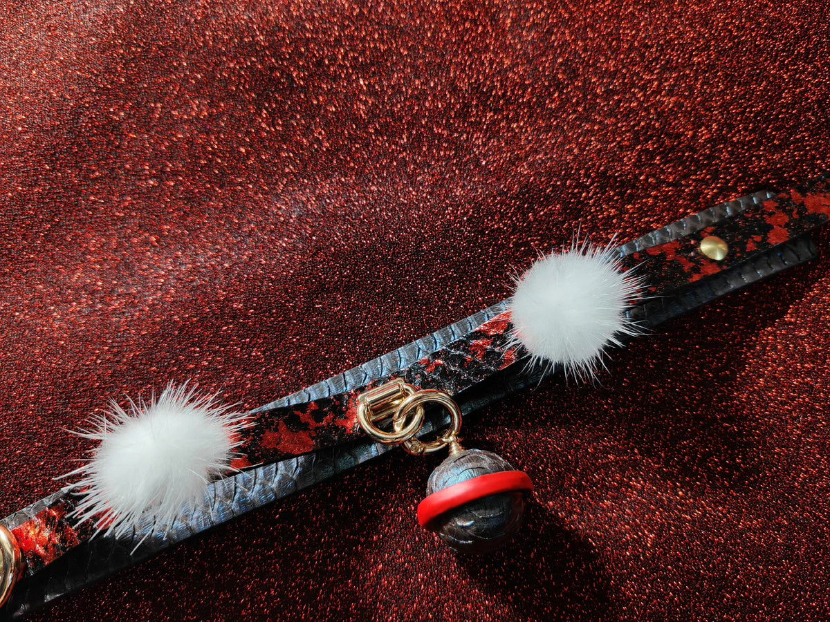 Snake Skin Bell Collar with Pom Poms