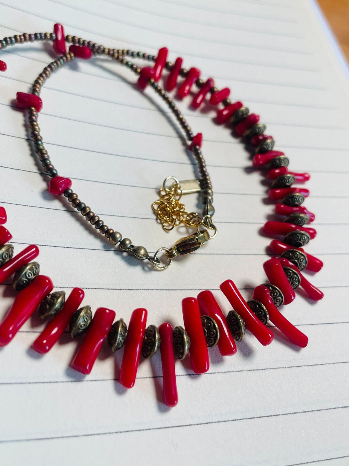 Red Plastic Beaded Necklace with Brass Spacers
