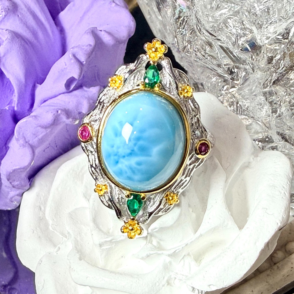 Bague Larimar Argent 925 Doré Florale
