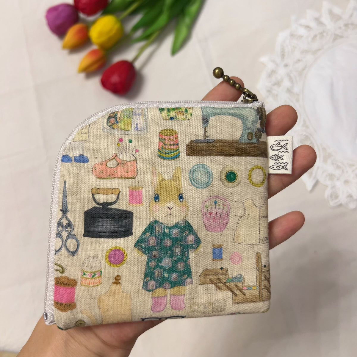 Handgemaakt Japans Katoen-Linnen etui met kat en konijn