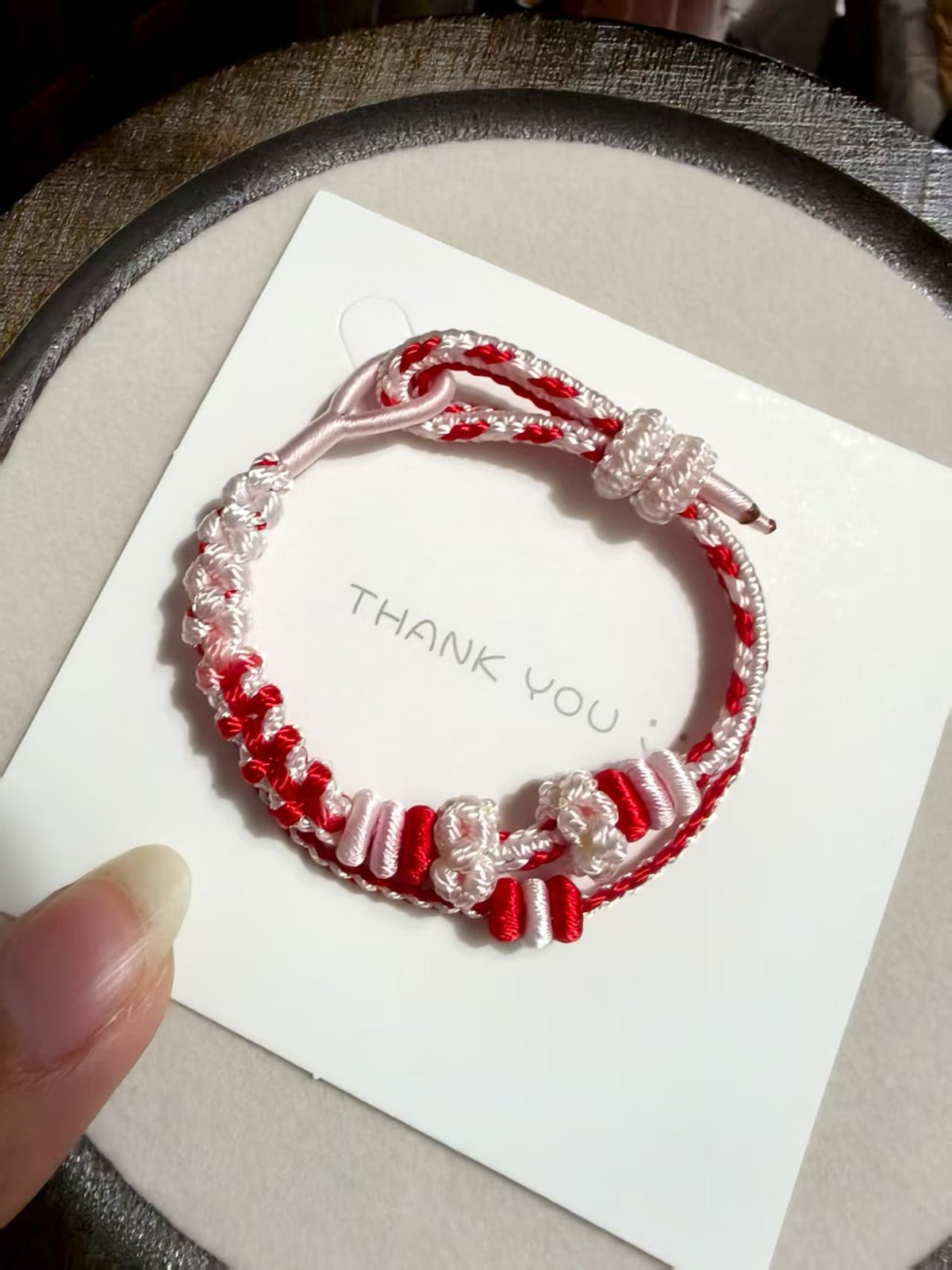 Handwoven Red White Bracelet Floral Knot