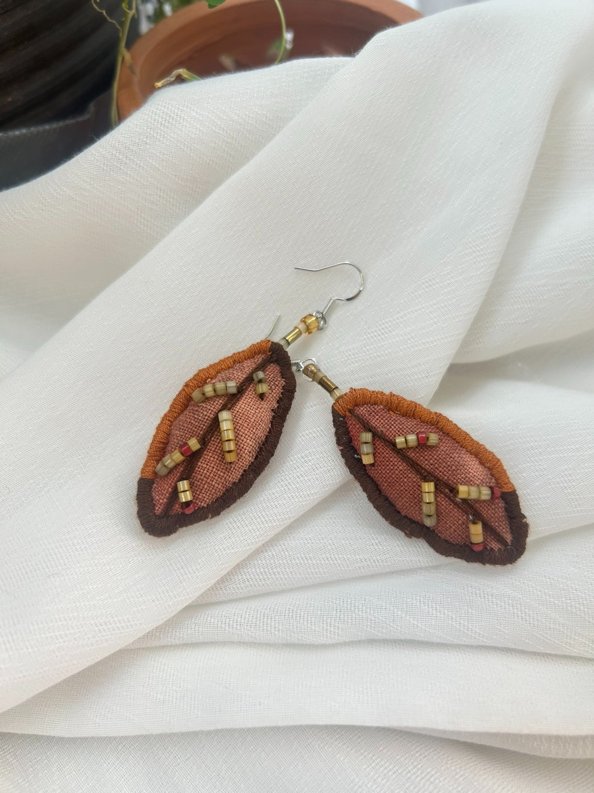Handcrafted Fabric Leaf Earrings with Beaded Veins
