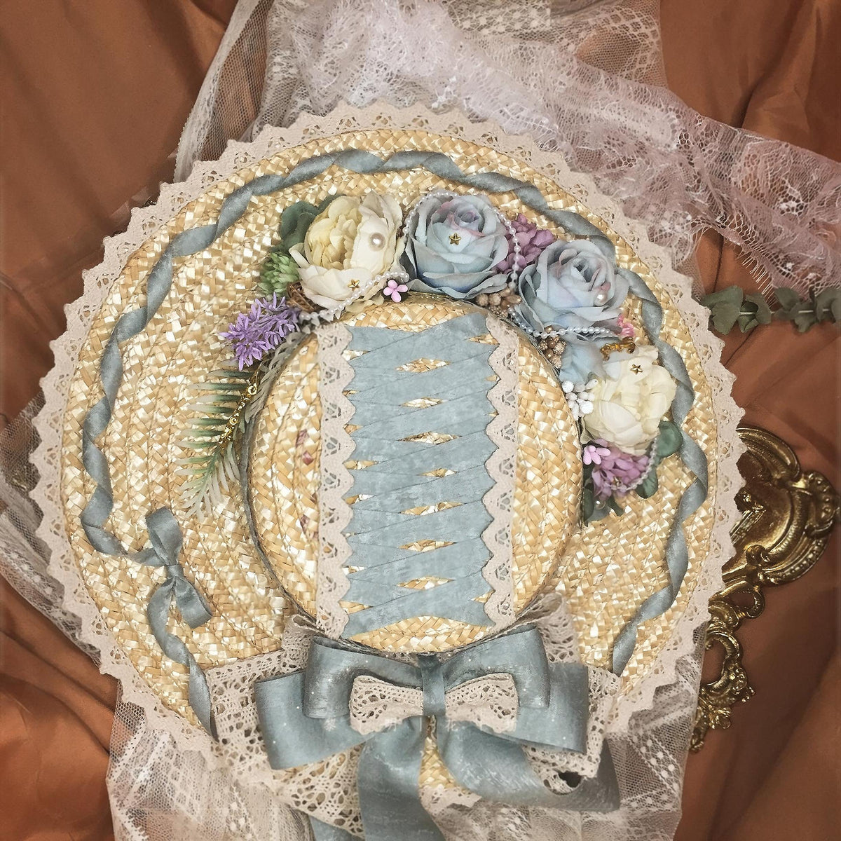 Lolita Straw Flat Hat with Floral Trim