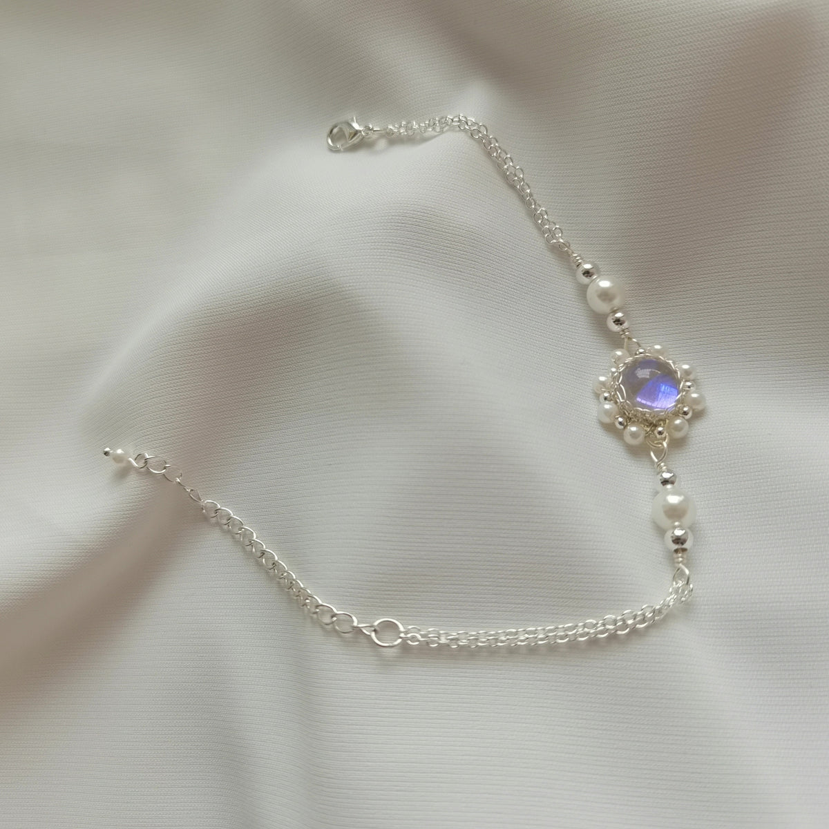 Bracelet en verre bleu irisé argent accessoire hanfu