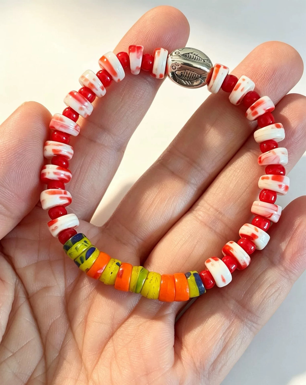 Pulseira de Contas de Vidro Antigo Vermelho Branco Multicolor