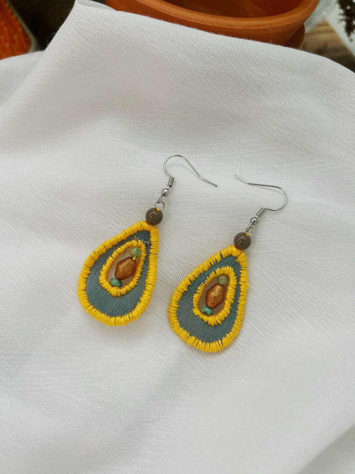 Handcrafted Fabric Teardrop Earrings with Beads
