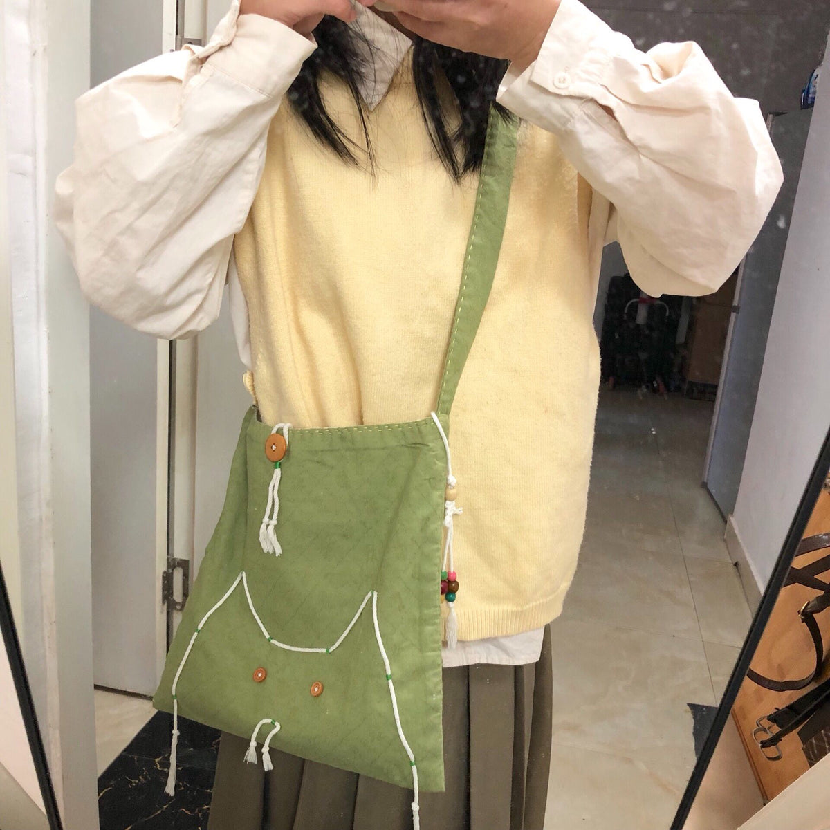 Handmade Cat Face Canvas Crossbody Bag