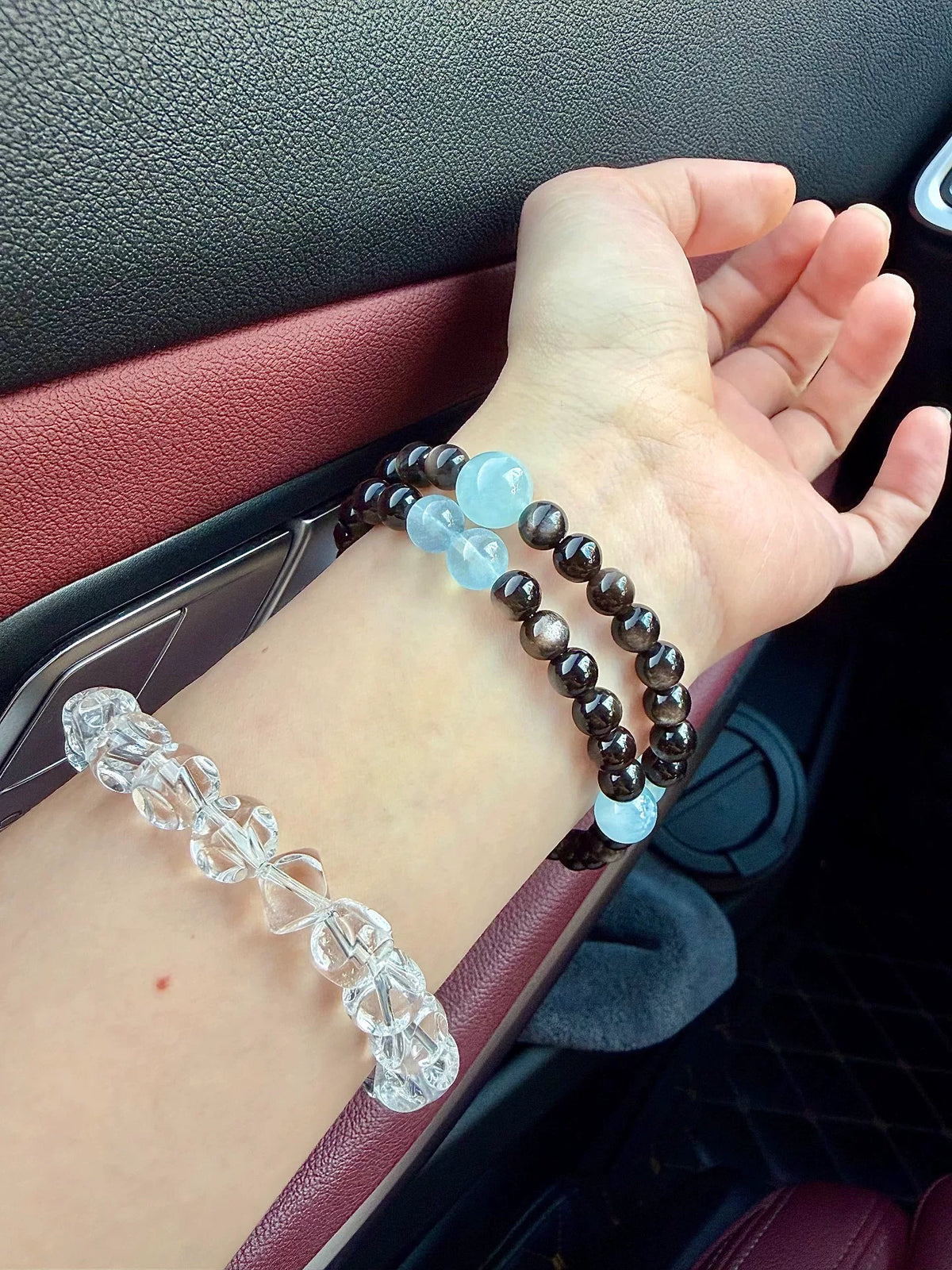 Obsidian Aquamarine Double Wrap Beaded Bracelet
