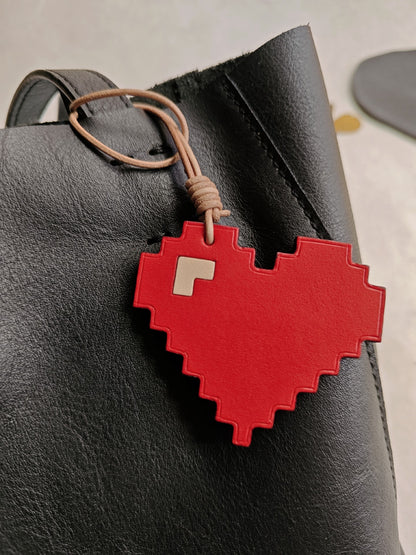 Vegetable-Tanned Leather Pixel Heart Keychain