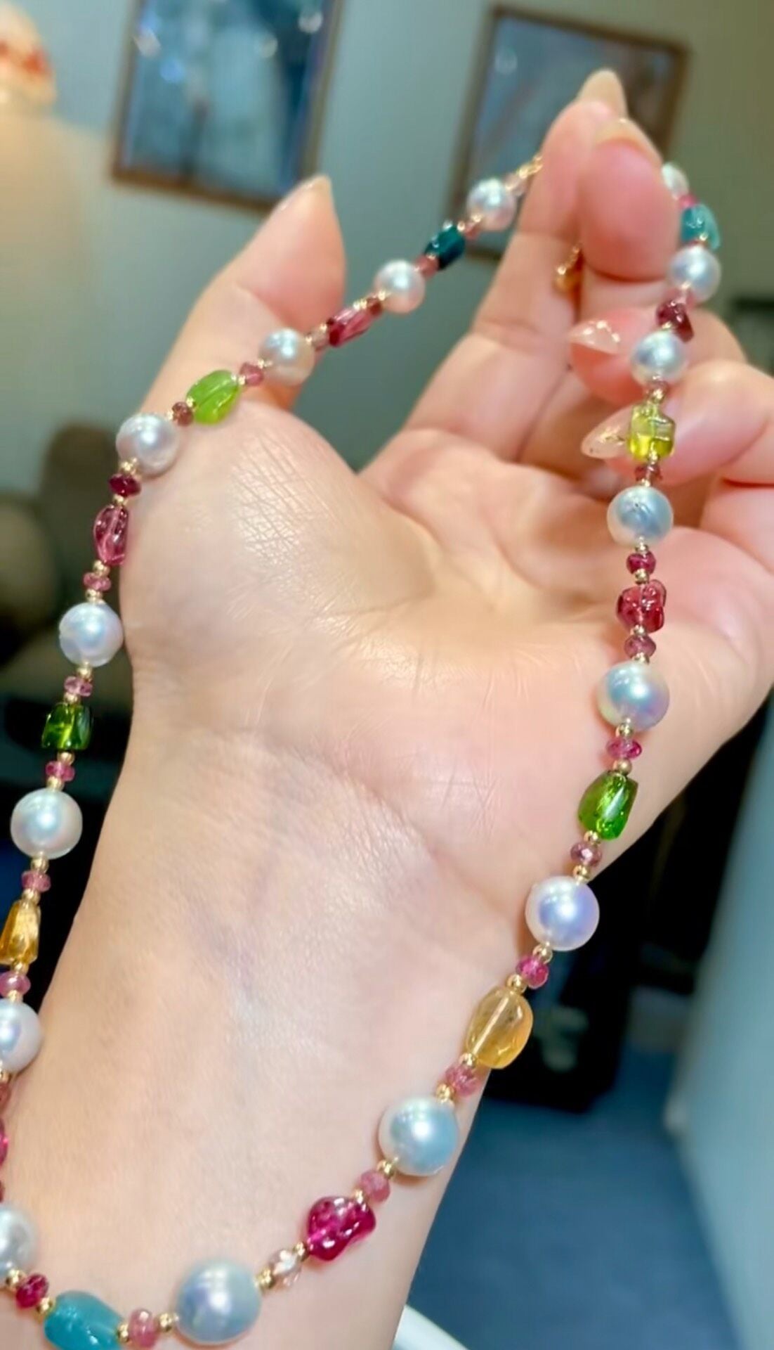 Beryl and Freshwater Pearl Necklace with 18K Gold Clasp