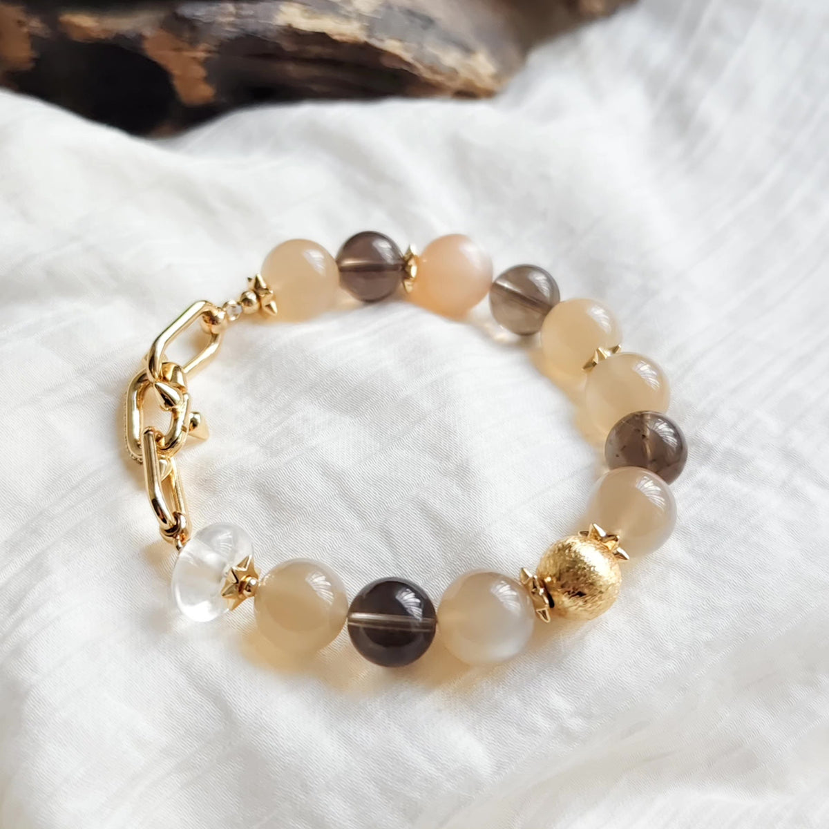 Milk Moonstone Smoky Quartz Bracelet 11mm