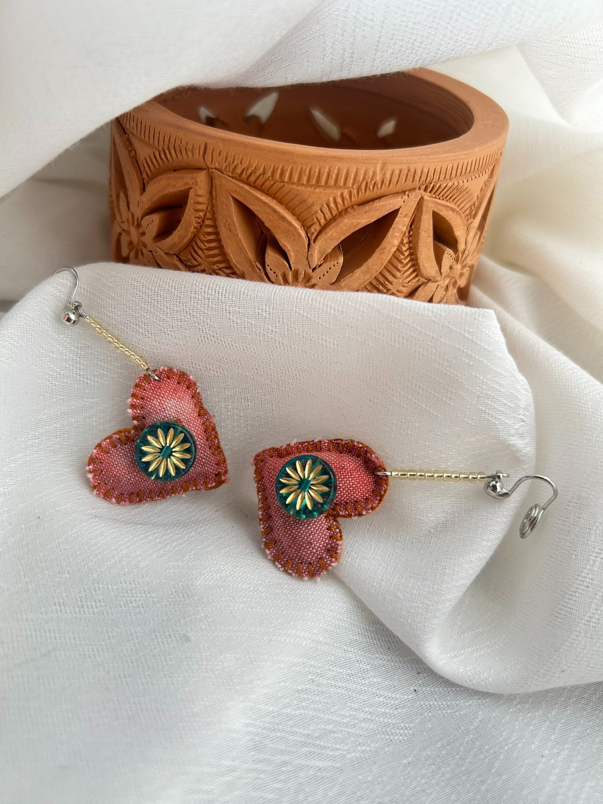 Dusty Rose Fabric Heart Earrings