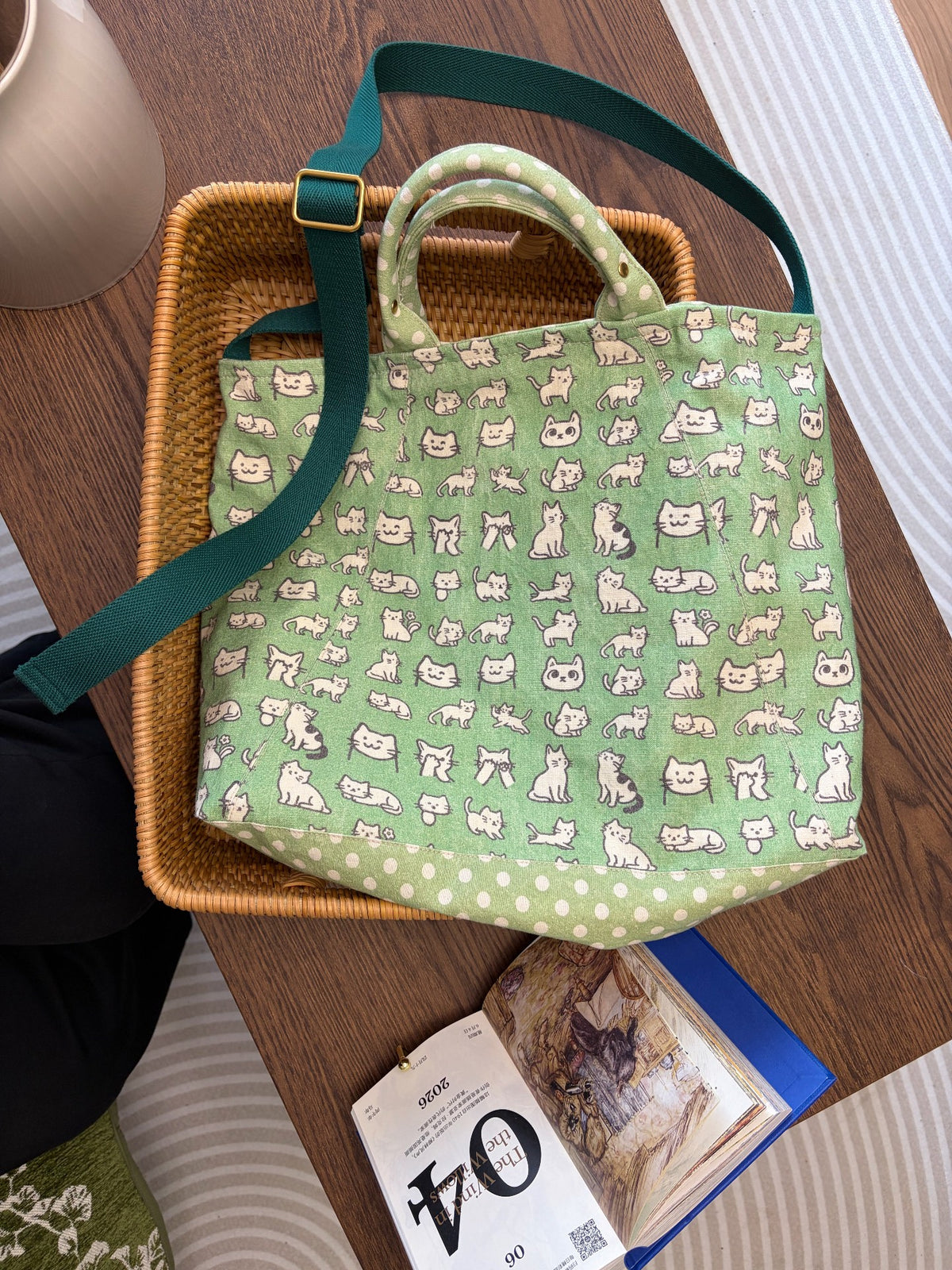 Handwoven Tote Bag Cat Print Large Capacity