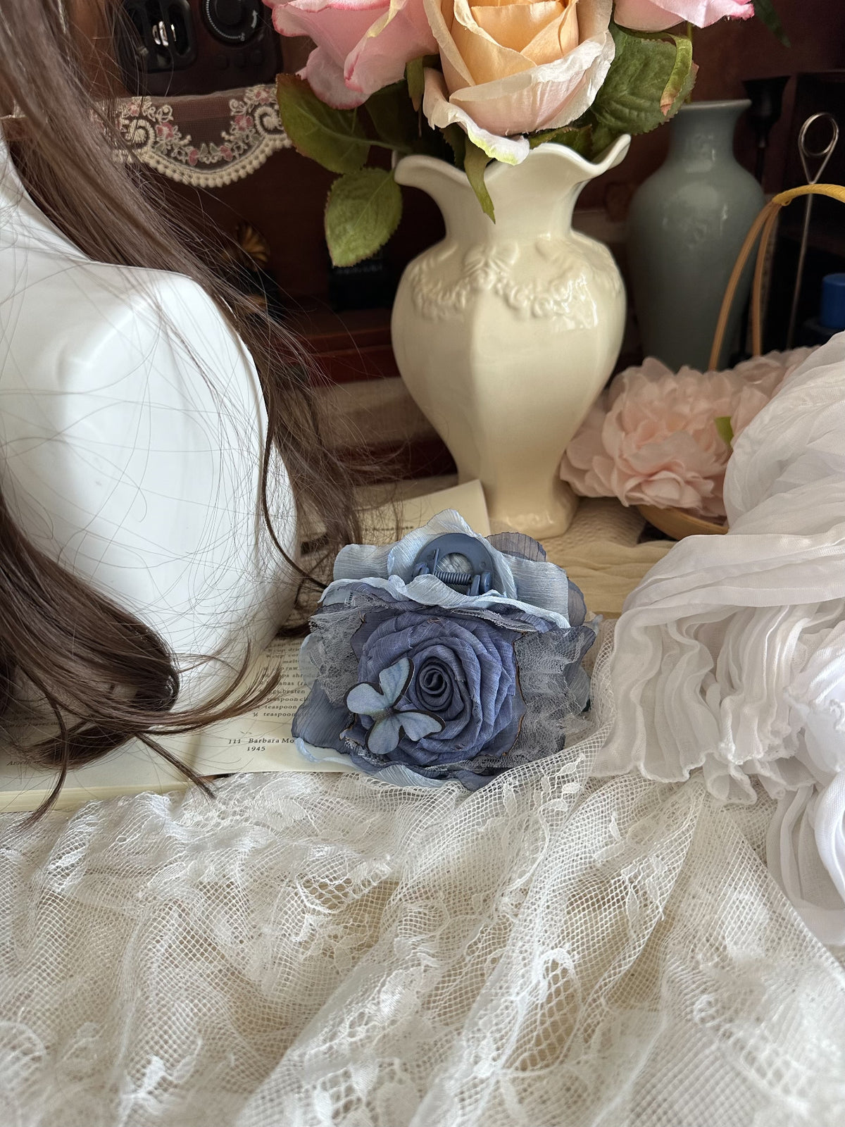 Handcrafted Fabric Rose Blue Hair Claw Clip