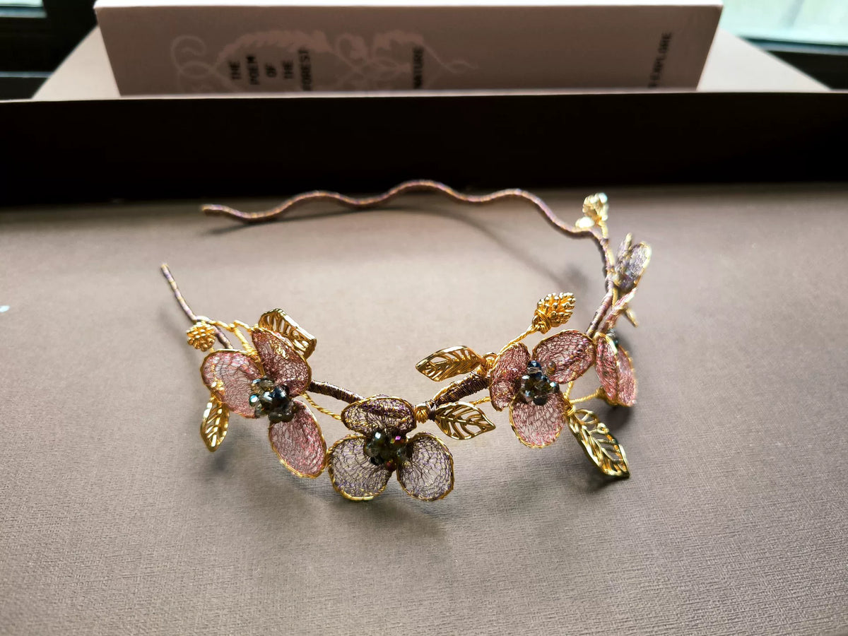 ハンドメイド 銅ワイヤーのフラワーヘッドバンド - ピンク＆ラベンダーの花びら