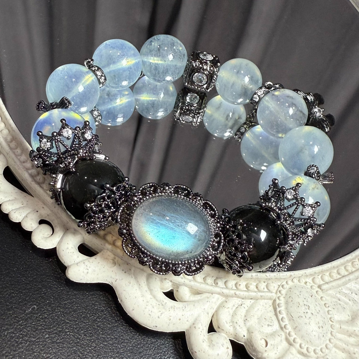 Labradorit Obsidian Aquamarin Perlenarmband