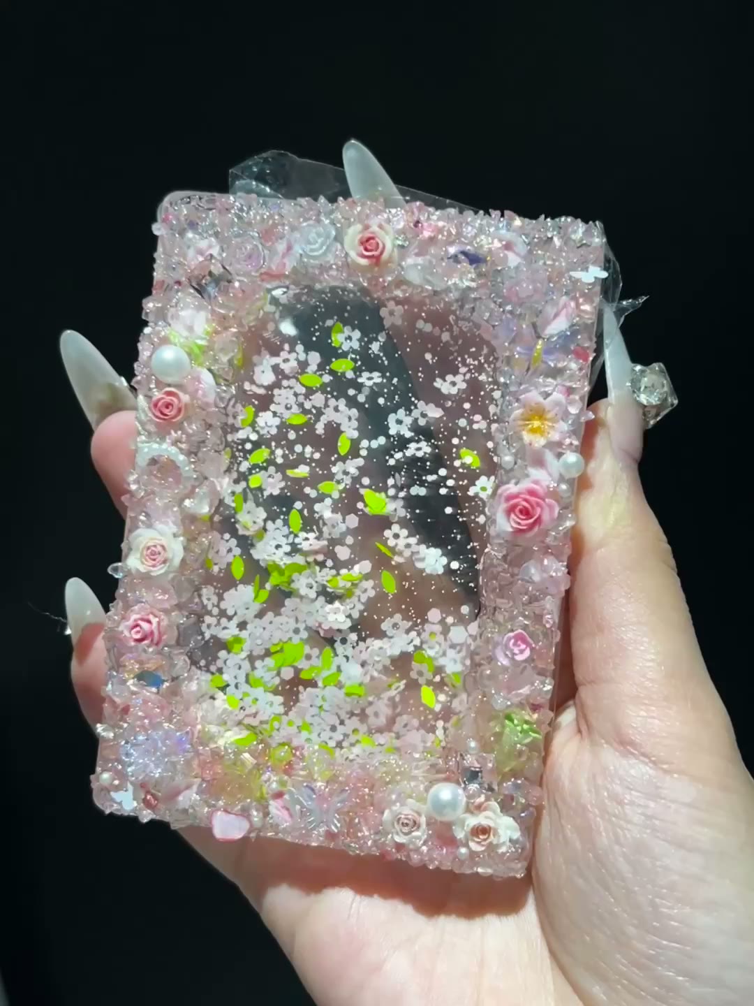Roze Bloemen Quicksand Card Brick met Kristallen