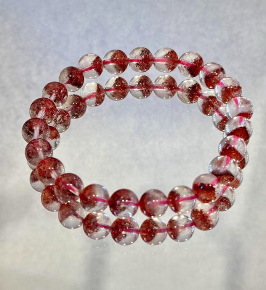 Pyramid Golden Strawberry Crystal Bracelet, 8mm Beads, Clear Crystal with Red Inclusions