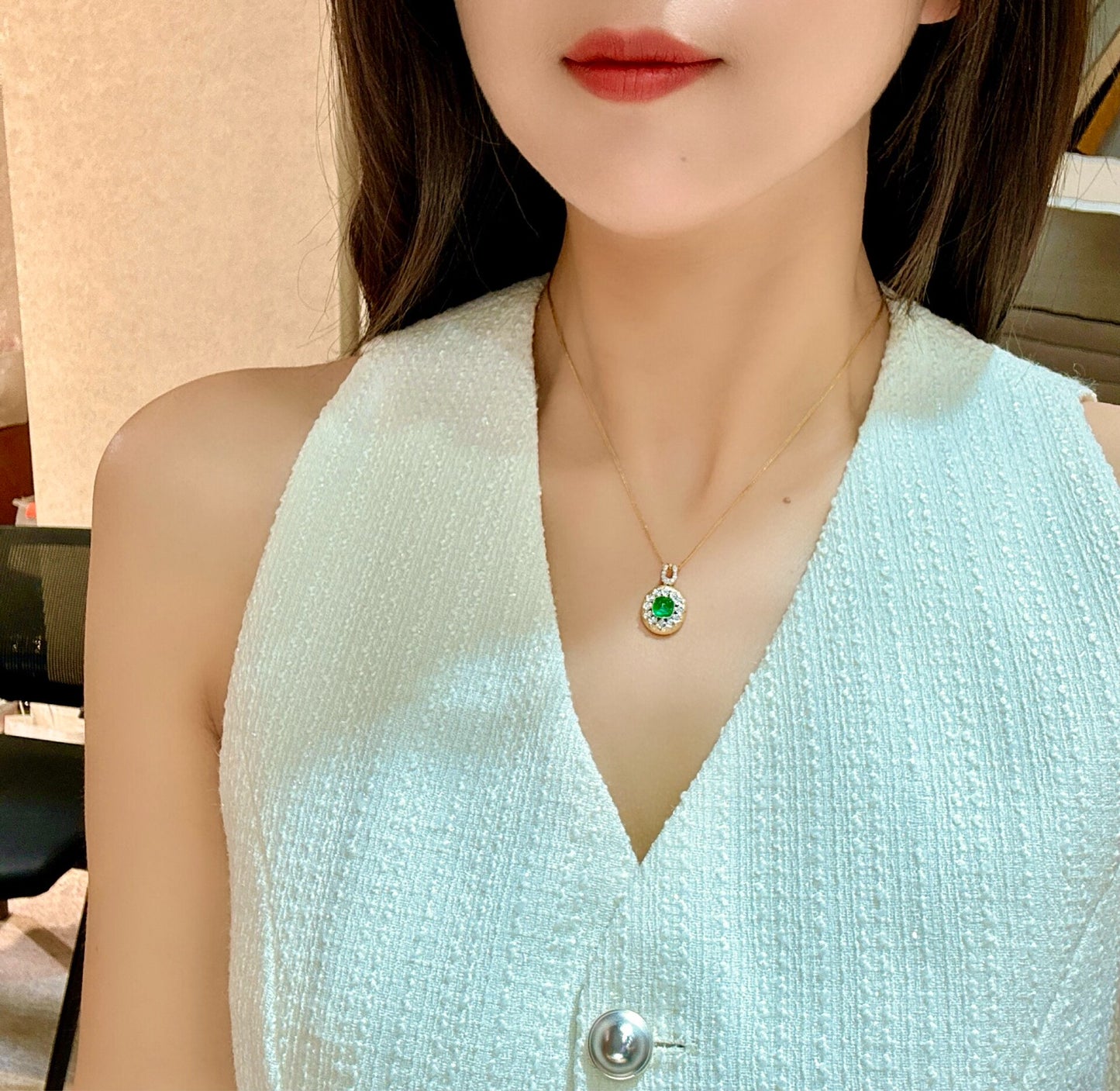 18K Gold Cushion-Cut Emerald and Diamond Pendant with Brushed Finish
