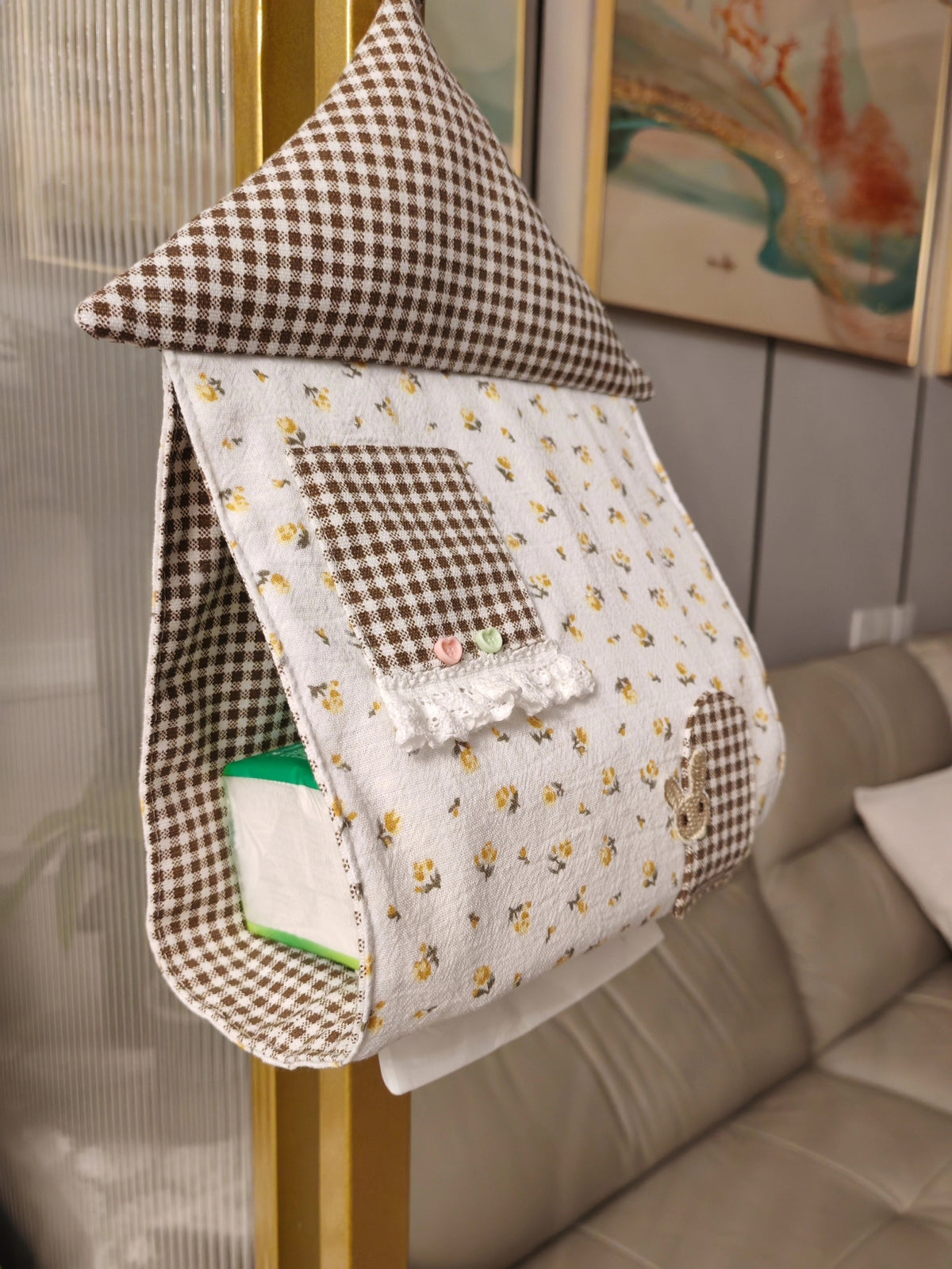 Handmade Fabric House Tissue Pouch Gingham Floral