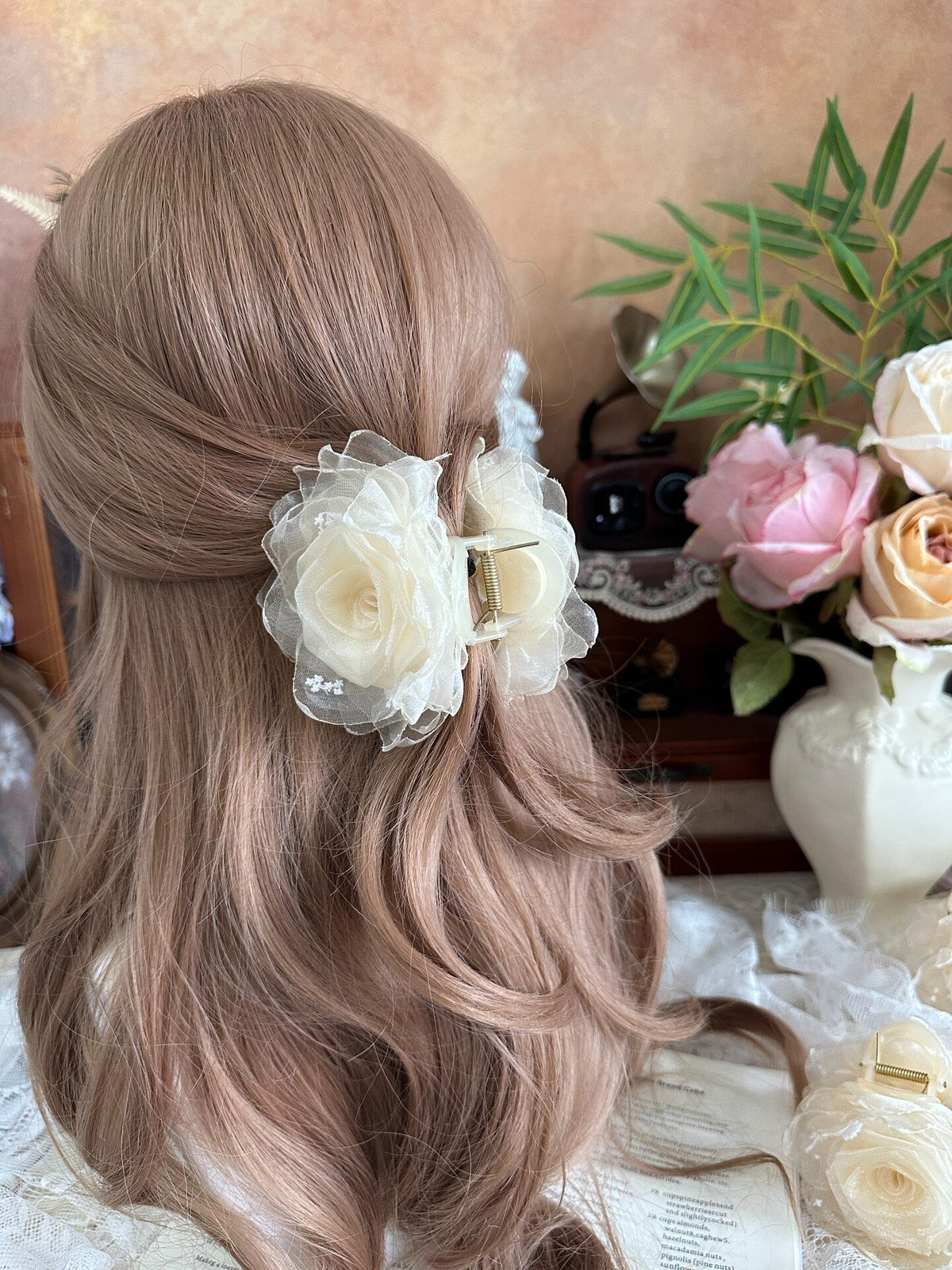 Handmade Fabric Rose Hair Clip Ivory