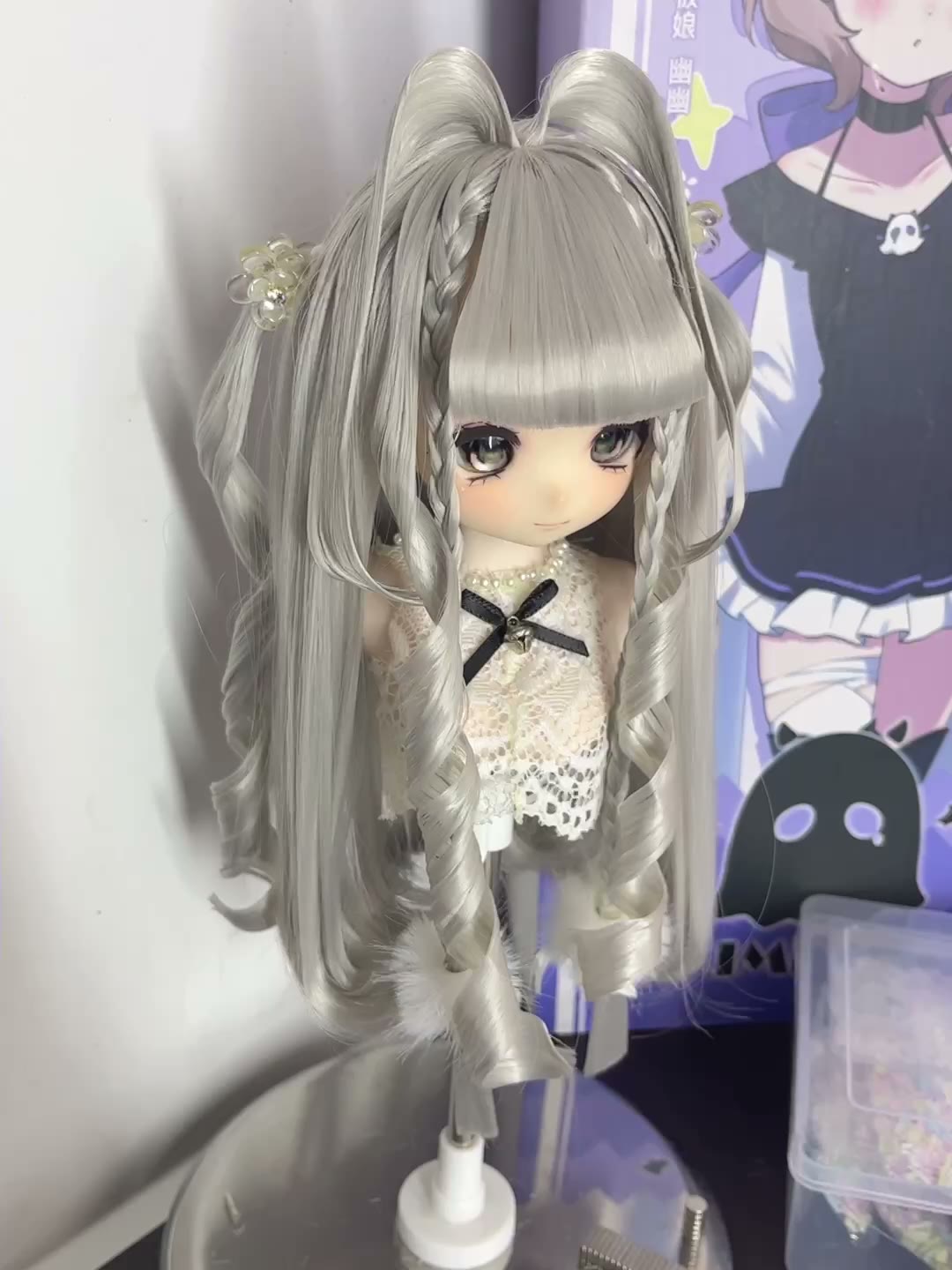 Doll Wig Silver Gray Twin Tail Style
