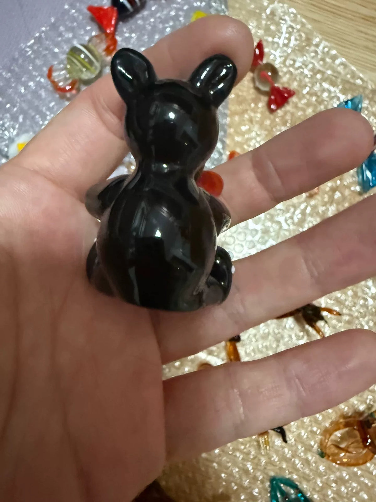 Handcrafted Liuli Glass Bear Holding Flower Figurine
