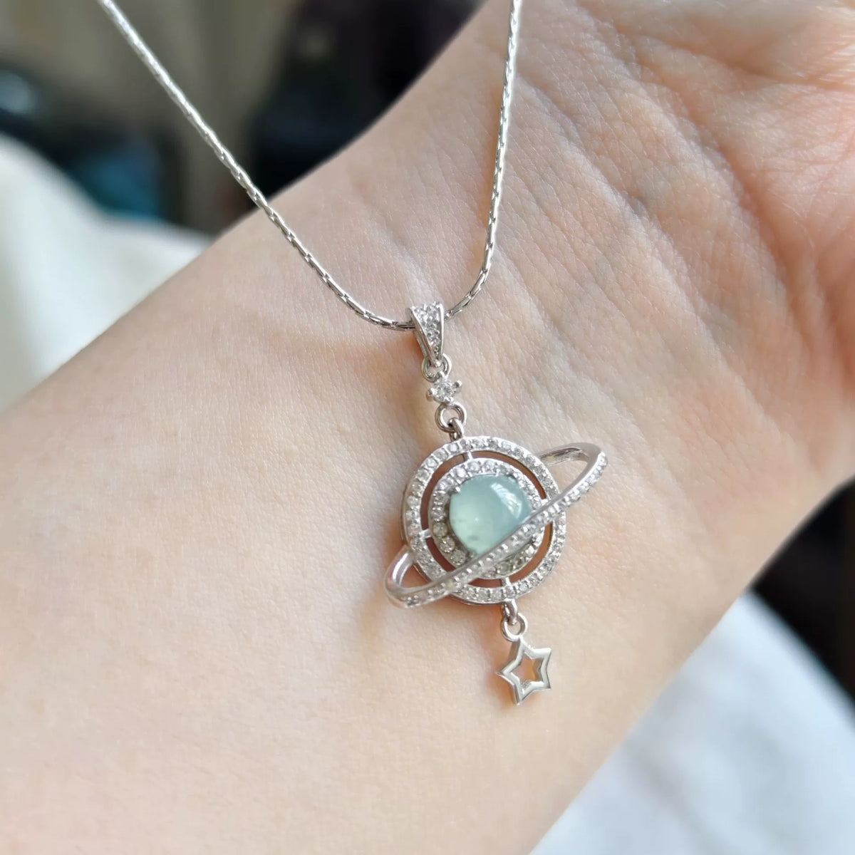 Natural Blue Jadeite Planet Pendant in Silver