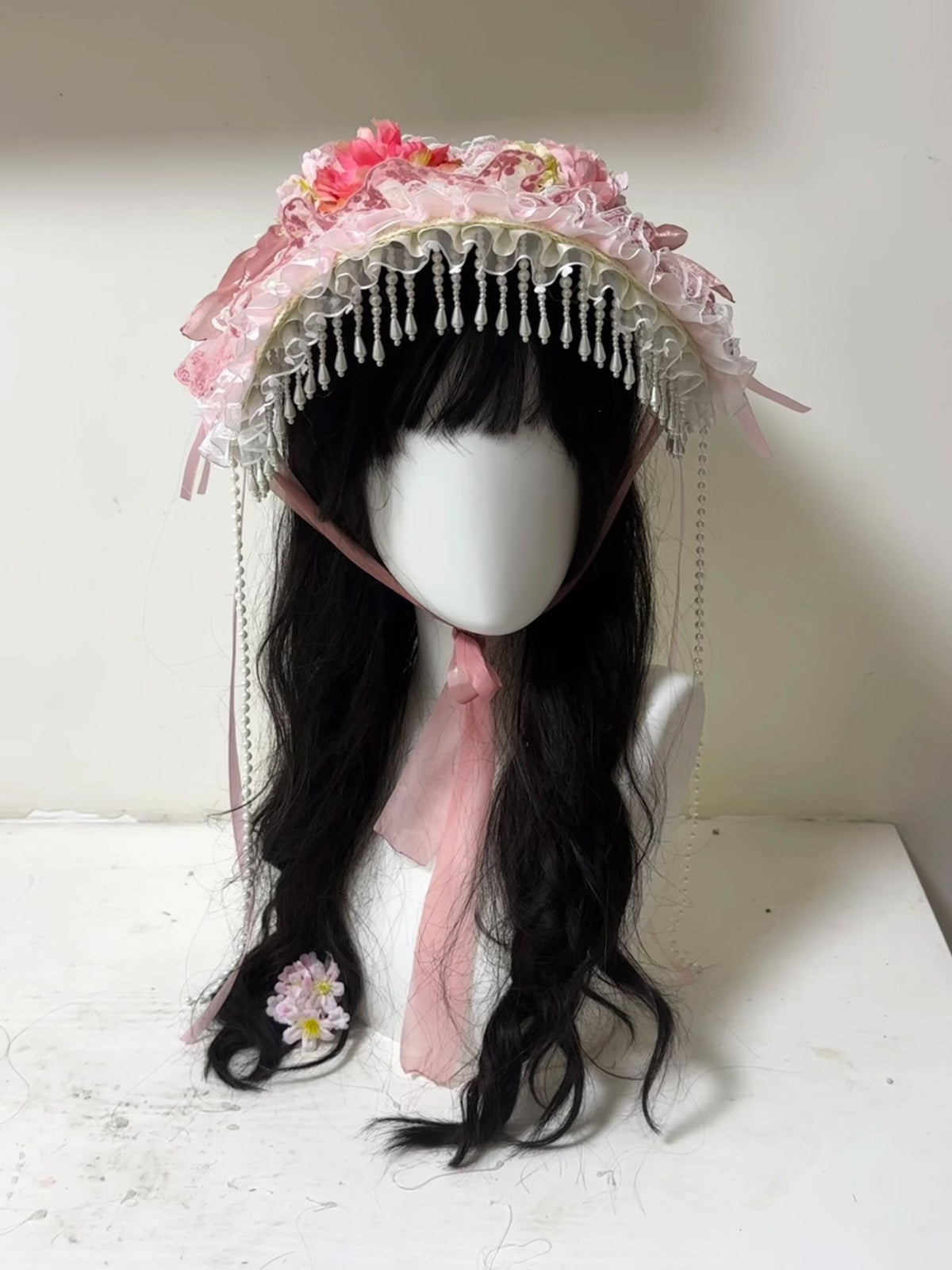 Pink Floral Lace Bonnet with Beaded Trim