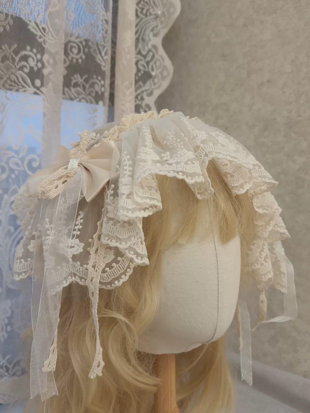 Apricot Lace Bow Headpiece with Floral Trim