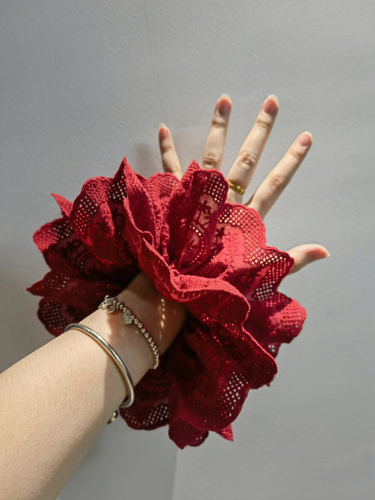Oversized Wine Red Double Layer Lace Scrunchie