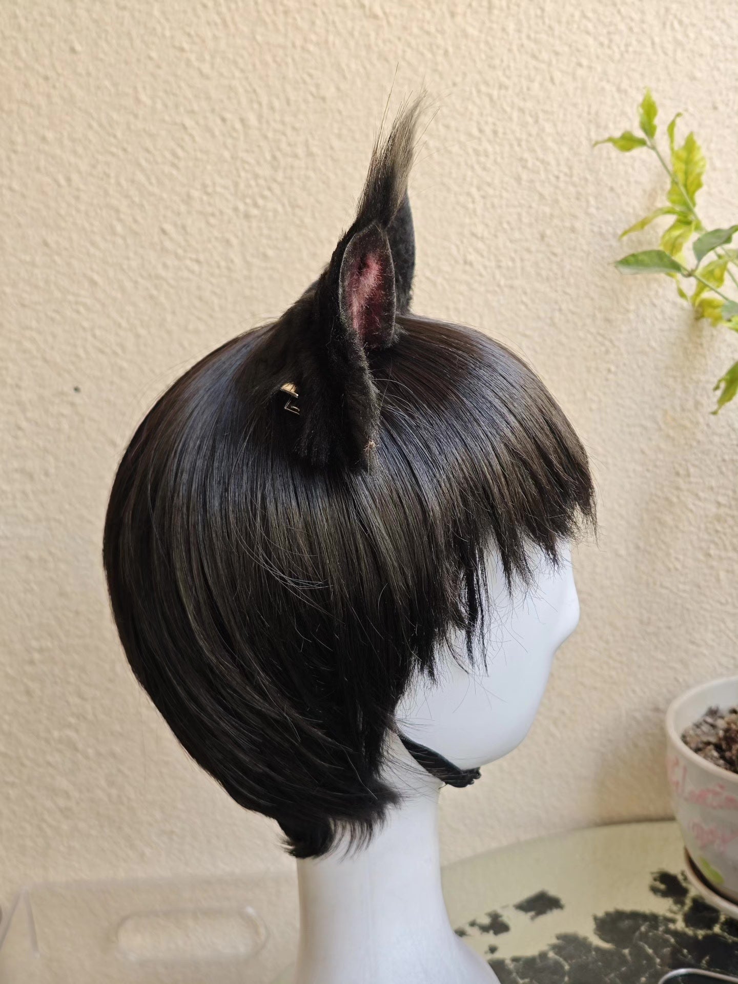 Handcrafted Maine Coon Cat Ears with Black Fur and Pink Inner Detail