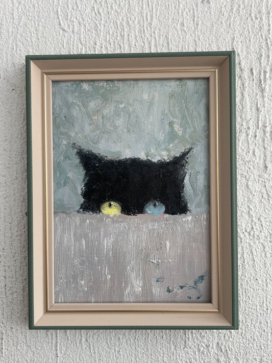 Hand-Painted Oil Painting of a Black Cat with Heterochromia, Impasto Texture, Framed